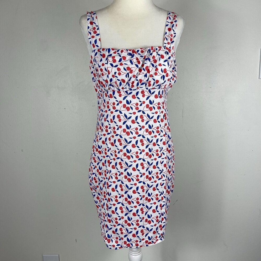 ASOS Y2K Linen Blend Mini Babydoll Dress All Over Cherry Print Sz 4 Vacay Beachy